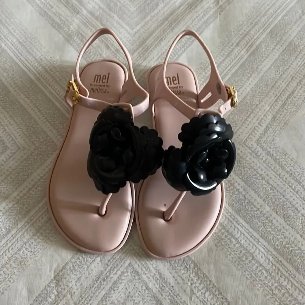Mel Dreamed by Melissa Girls Pink Jelly Sandals with Black Flower